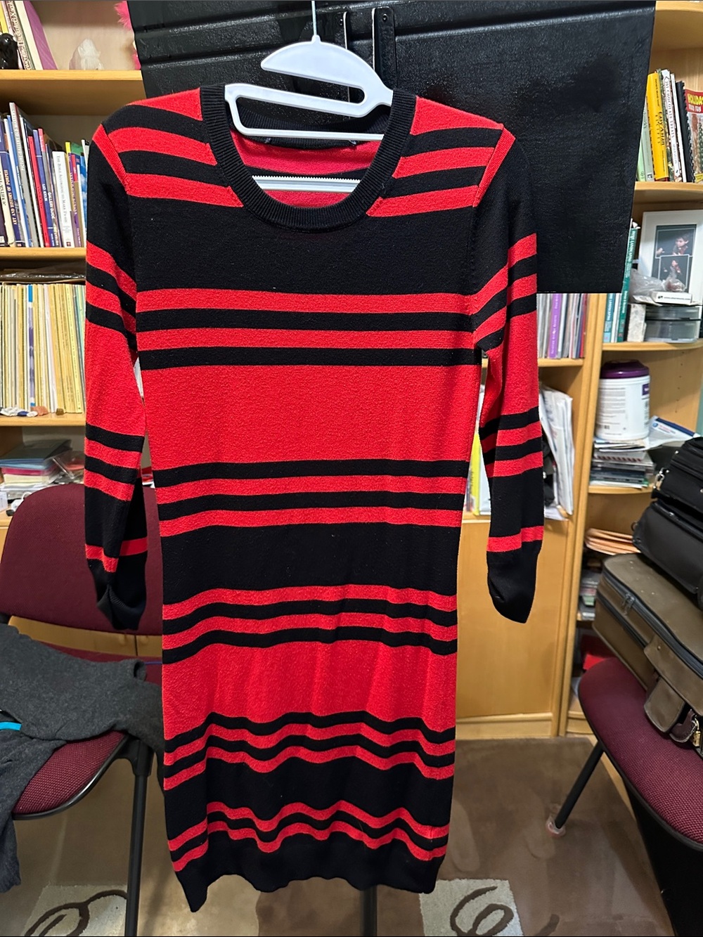 French Connection Red and Black Striped Crew-Neck Sweater Dress